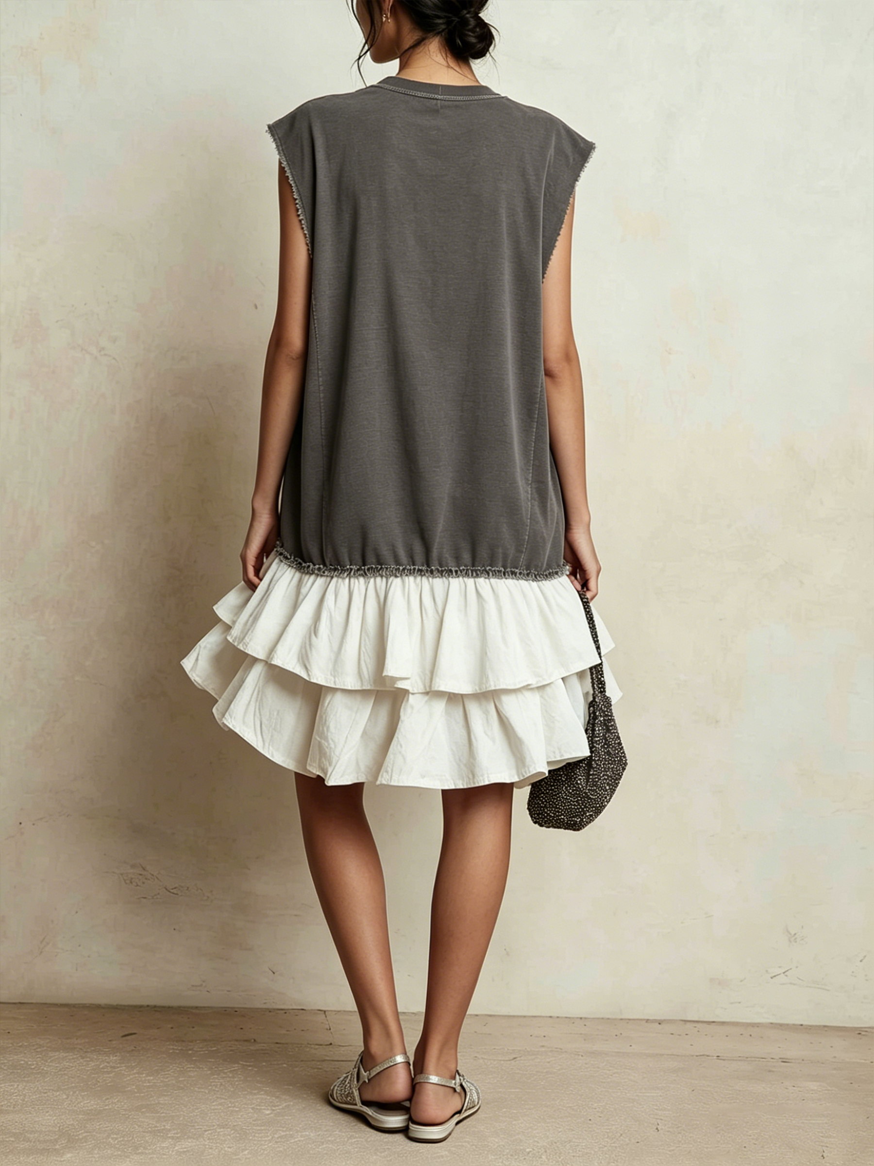 Contrast Raw Edge Tiered Ruffle Hem Sleeveless Mini Dress | Color Block Casual Loose Fit Vacation Dress