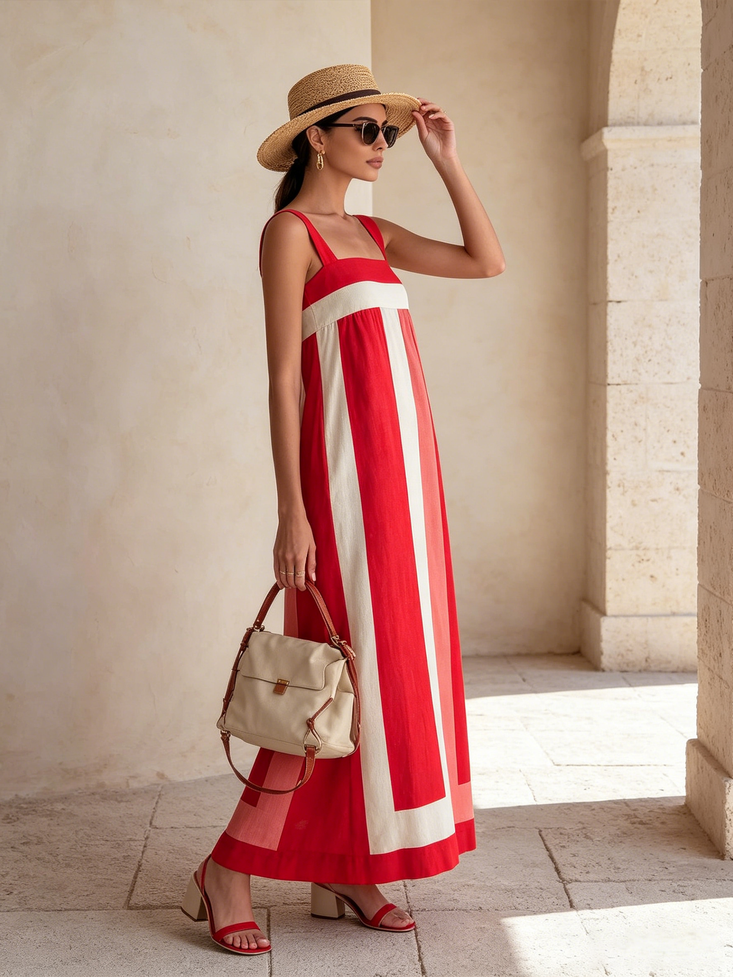 Women’s Red Pink White Resort Linen Blend Square Neck Spaghetti Strap Loose Maxi Dress with Color Block Design