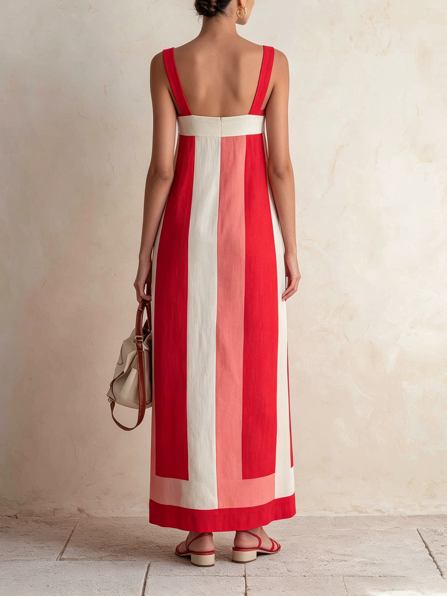 Women’s Red Pink White Resort Linen Blend Square Neck Spaghetti Strap Loose Maxi Dress with Color Block Design
