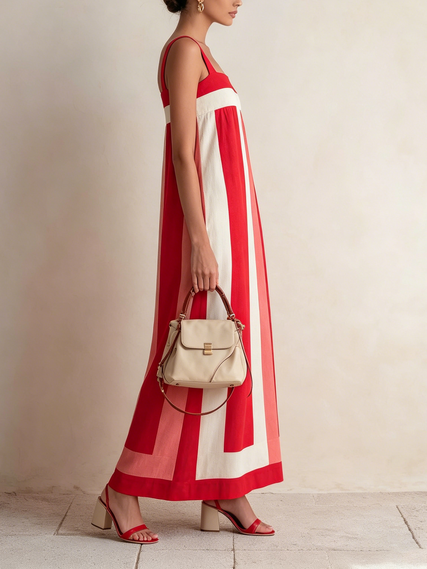 Women’s Red Pink White Resort Linen Blend Square Neck Spaghetti Strap Loose Maxi Dress with Color Block Design