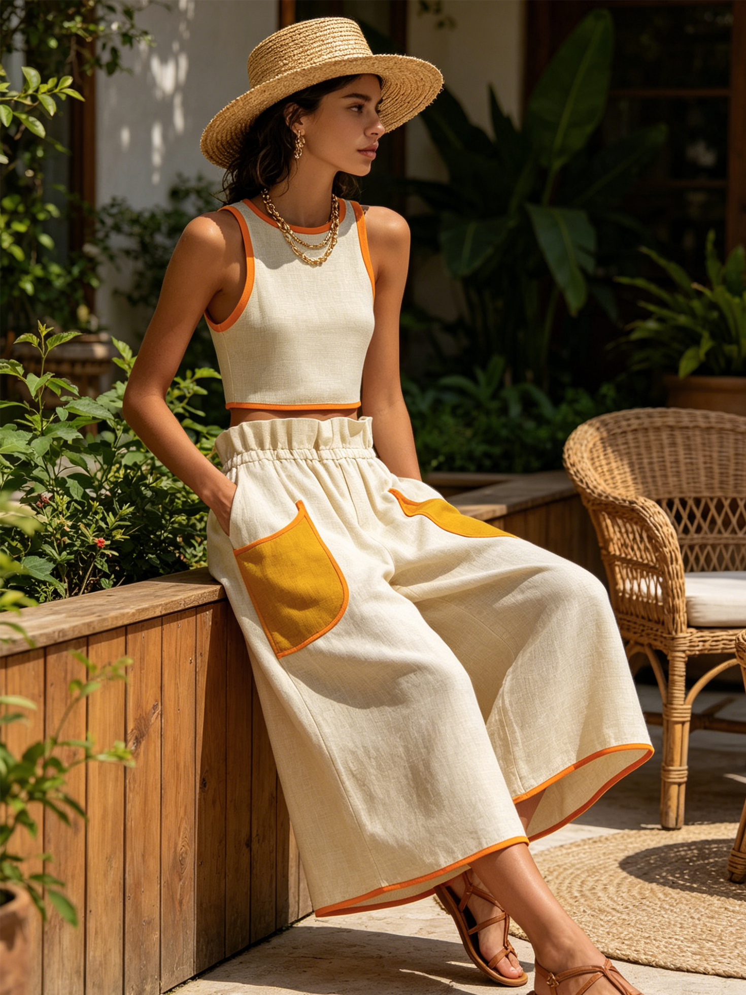 Women’s Beige Casual Linen Crop Tank Sleeveless Regular Cropped Culottes Set with Contrast Piping