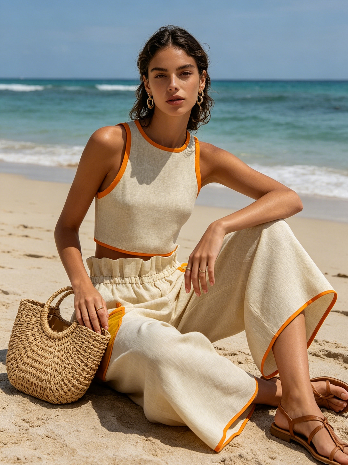 Women’s Beige Casual Linen Crop Tank Sleeveless Regular Cropped Culottes Set with Contrast Piping