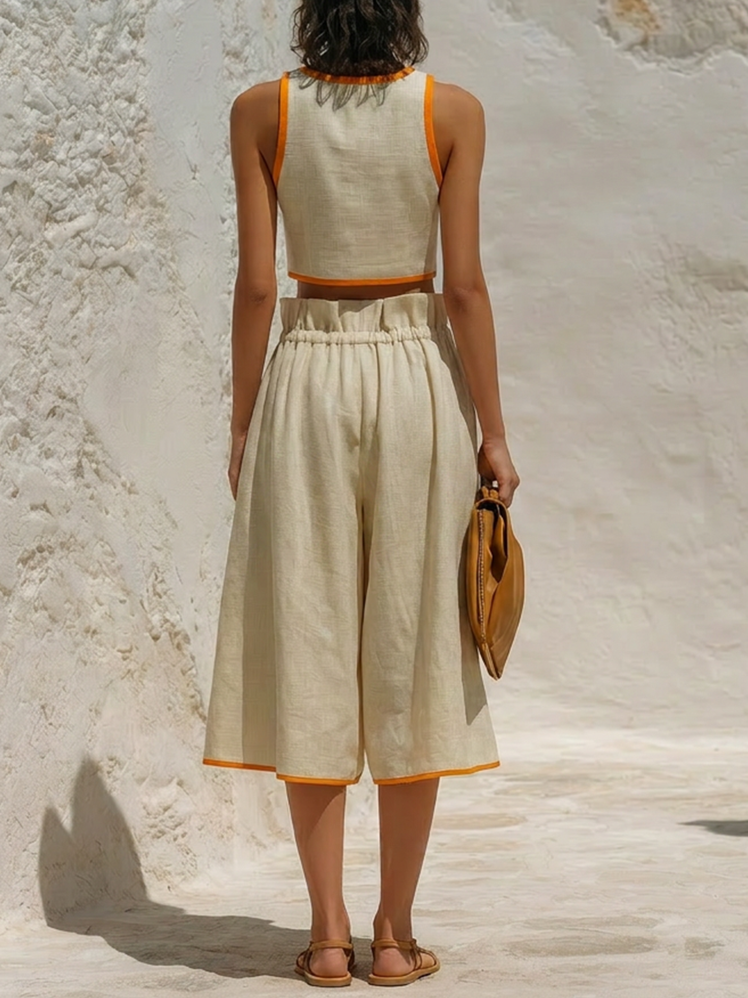 Women’s Beige Casual Linen Crop Tank Sleeveless Regular Cropped Culottes Set with Contrast Piping