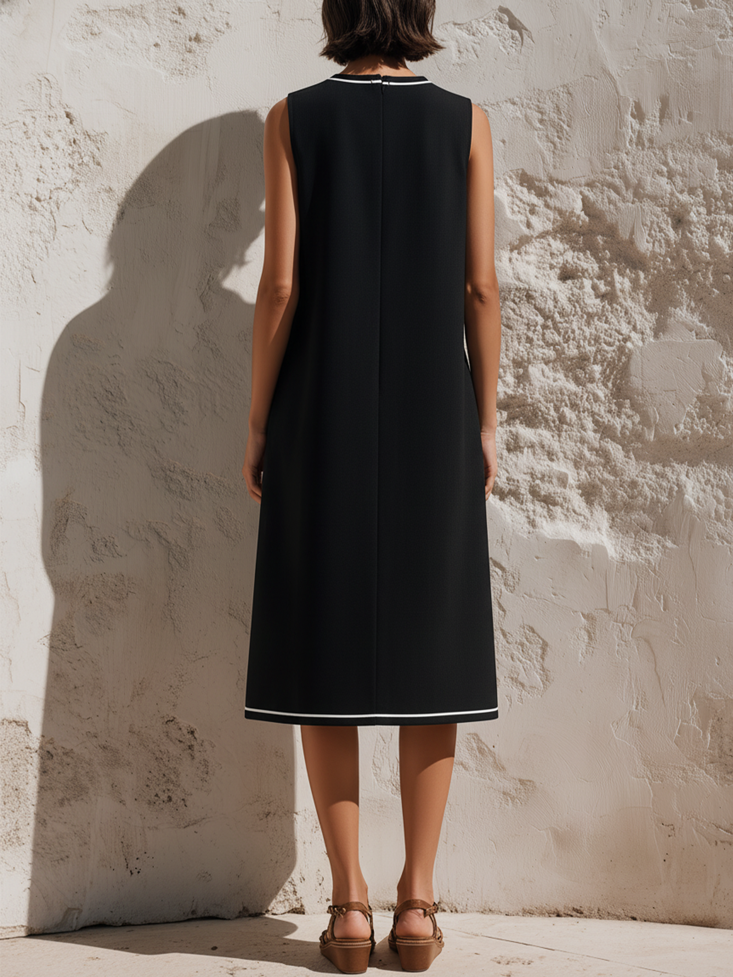 Women’s Black Minimalist Linen Blend Round Neck Sleeveless Loose Midi Shift Dress with Contrast Stitch and Patch Pockets