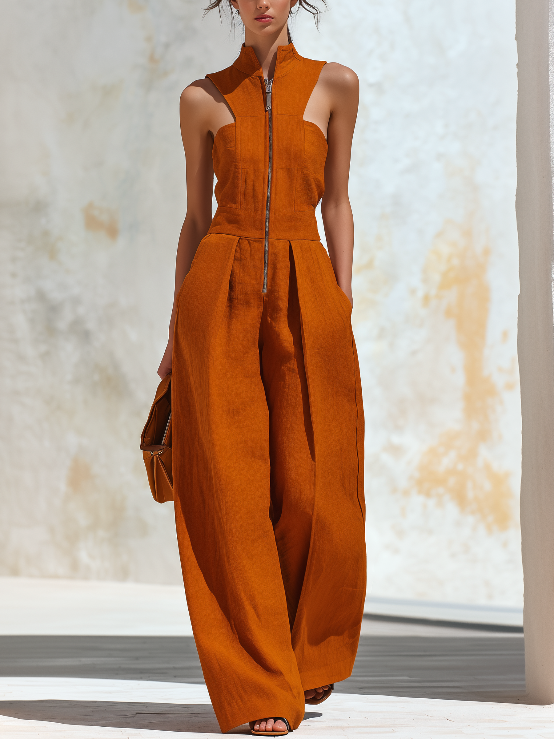 Women’s Orange Utility Linen Blend Stand Collar Sleeveless Loose Full-Length Wide-Leg Jumpsuit with Front Zip