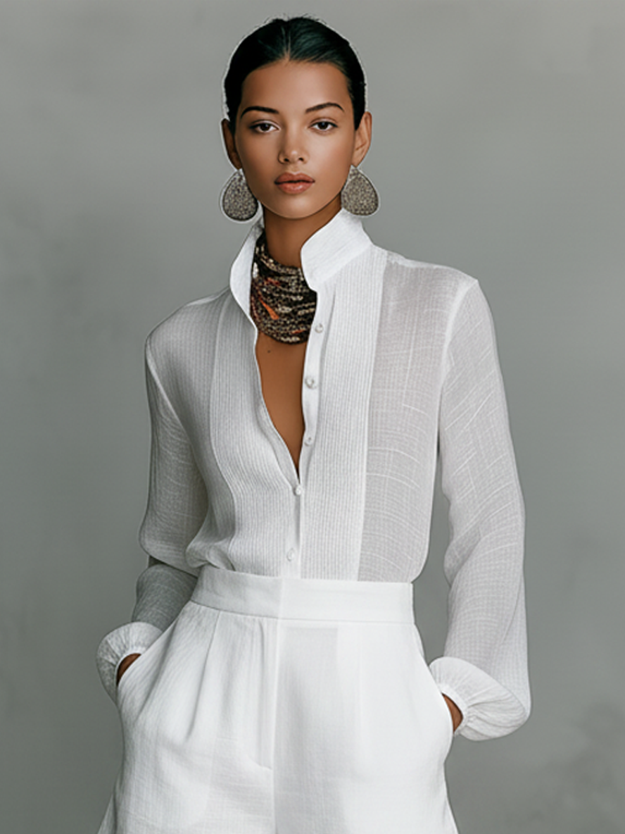 Women’s White Minimalist Linen-Blend Stand-Collar Long Sleeve Regular Shirt and Shorts Set