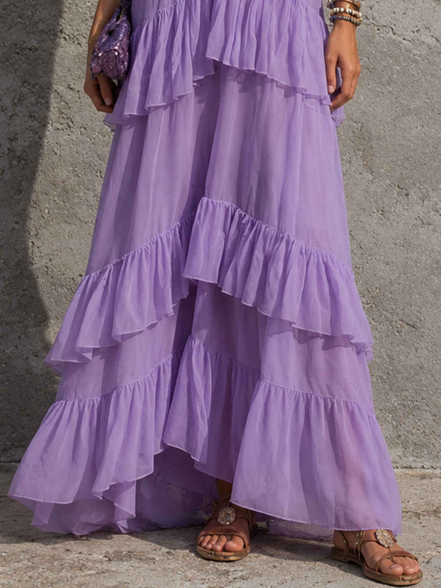 Women’s Light Purple Bohemian Chiffon V-Neck Sleeveless Relaxed Irregular Maxi Dress