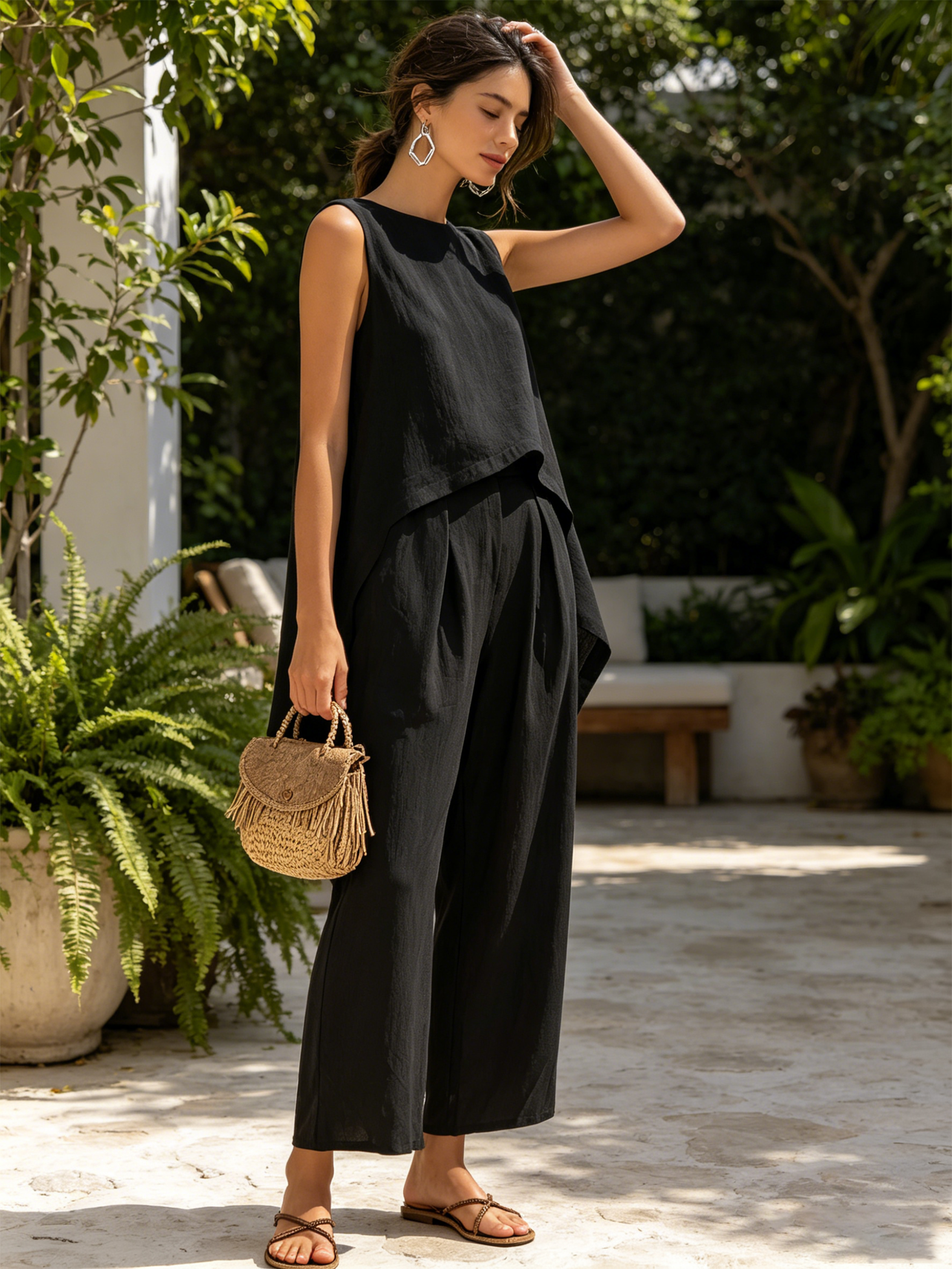 Women’s Black Minimalist Linen Blend Round Neck Sleeveless Relaxed Ankle-Length Wide-Leg Pants Set with Asymmetric Top