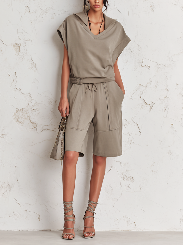 Women’s Greige Casual Stretch Jersey Lapel V-Neck Cap Sleeve Relaxed Bermuda Shorts Set with Drawstring Waist