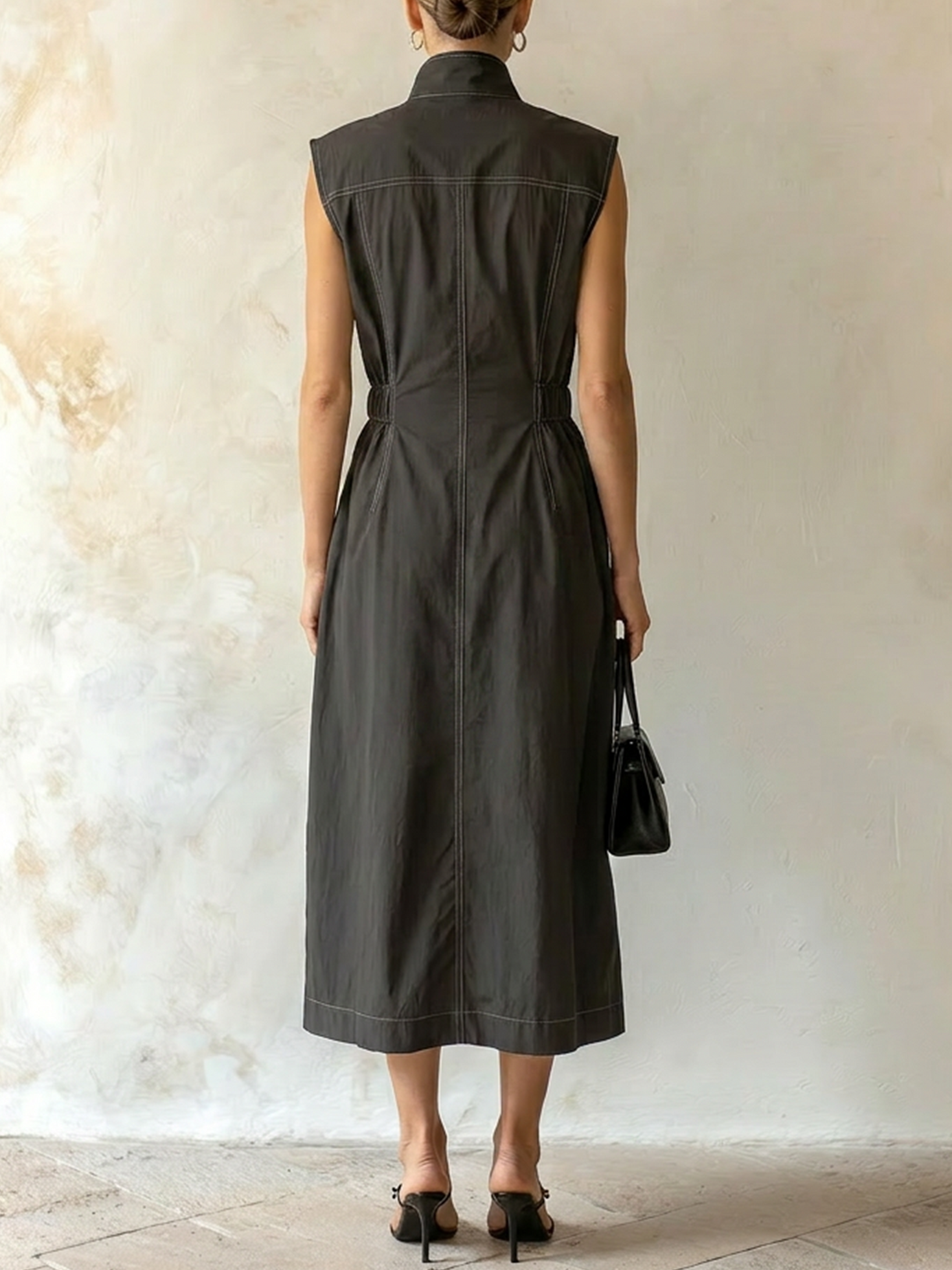 Women’s Black Utility Cotton Blend Stand Collar Sleeveless Loose Midi Shirt Dress with Contrast Stitch and Patch Pockets