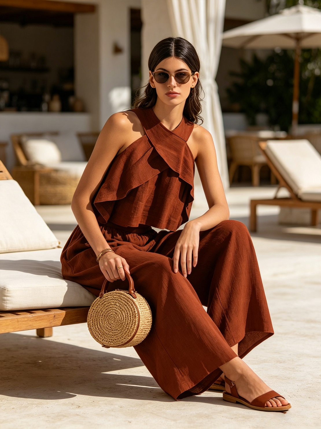 Women’s Rust Crinkle Linen Cross Wrap Halter Ruffle Crop Top High Waist Floor-Length Wide Leg Pants Set Vacation Co-Ord Two Piece Outfit