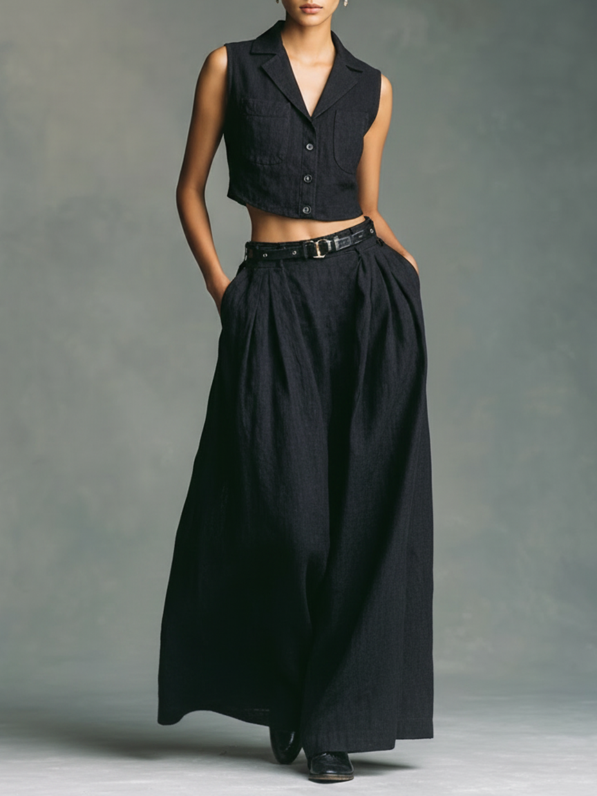Women’s Black Minimalist Linen Blend Lapel Neck Sleeveless Regular Maxi Skirt Set