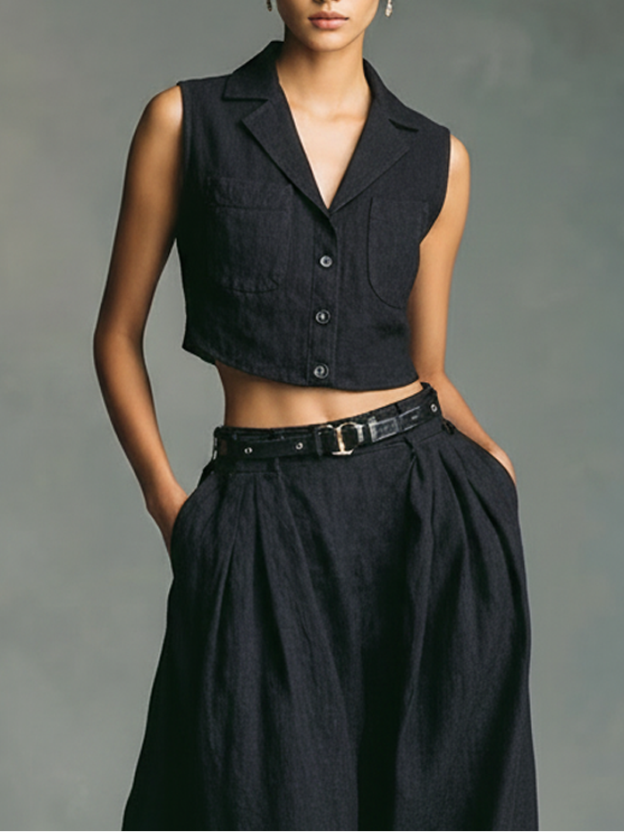 Women’s Black Minimalist Linen Blend Lapel Neck Sleeveless Regular Maxi Skirt Set