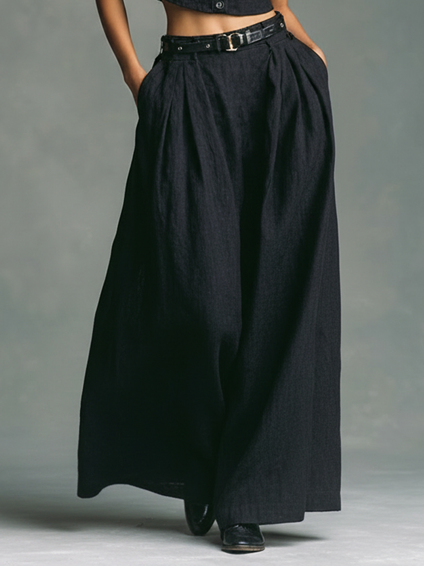 Women’s Black Minimalist Linen Blend Lapel Neck Sleeveless Regular Maxi Skirt Set