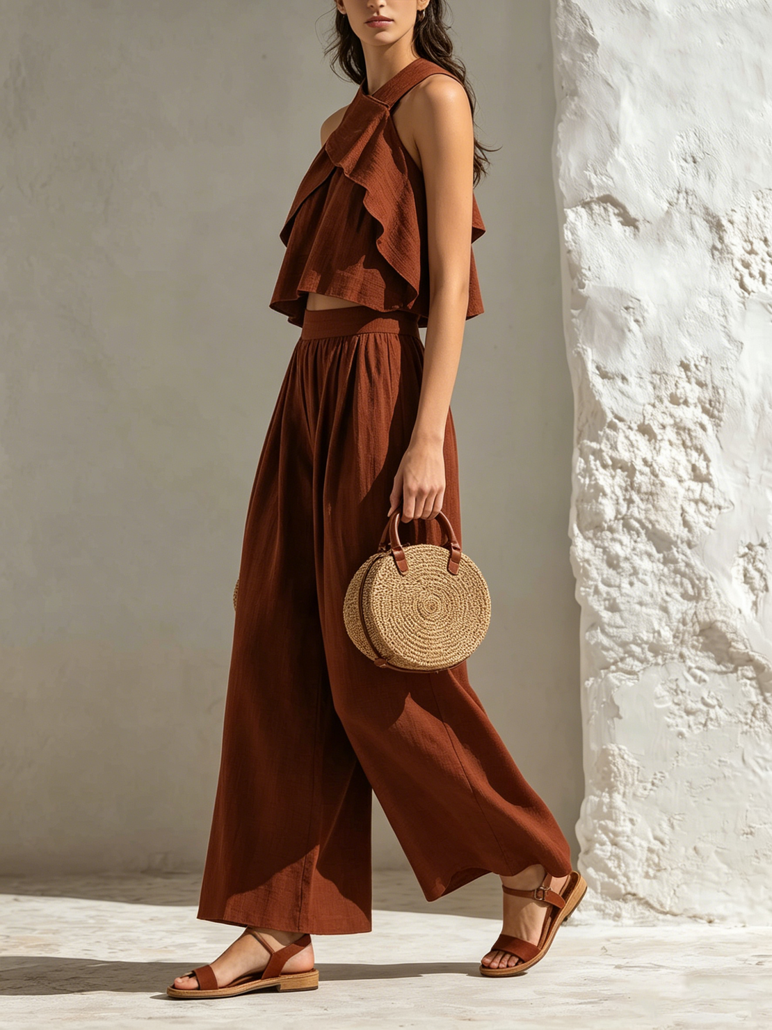 Women’s Rust Crinkle Linen Cross Wrap Halter Ruffle Crop Top High Waist Floor-Length Wide Leg Pants Set Vacation Co-Ord Two Piece Outfit
