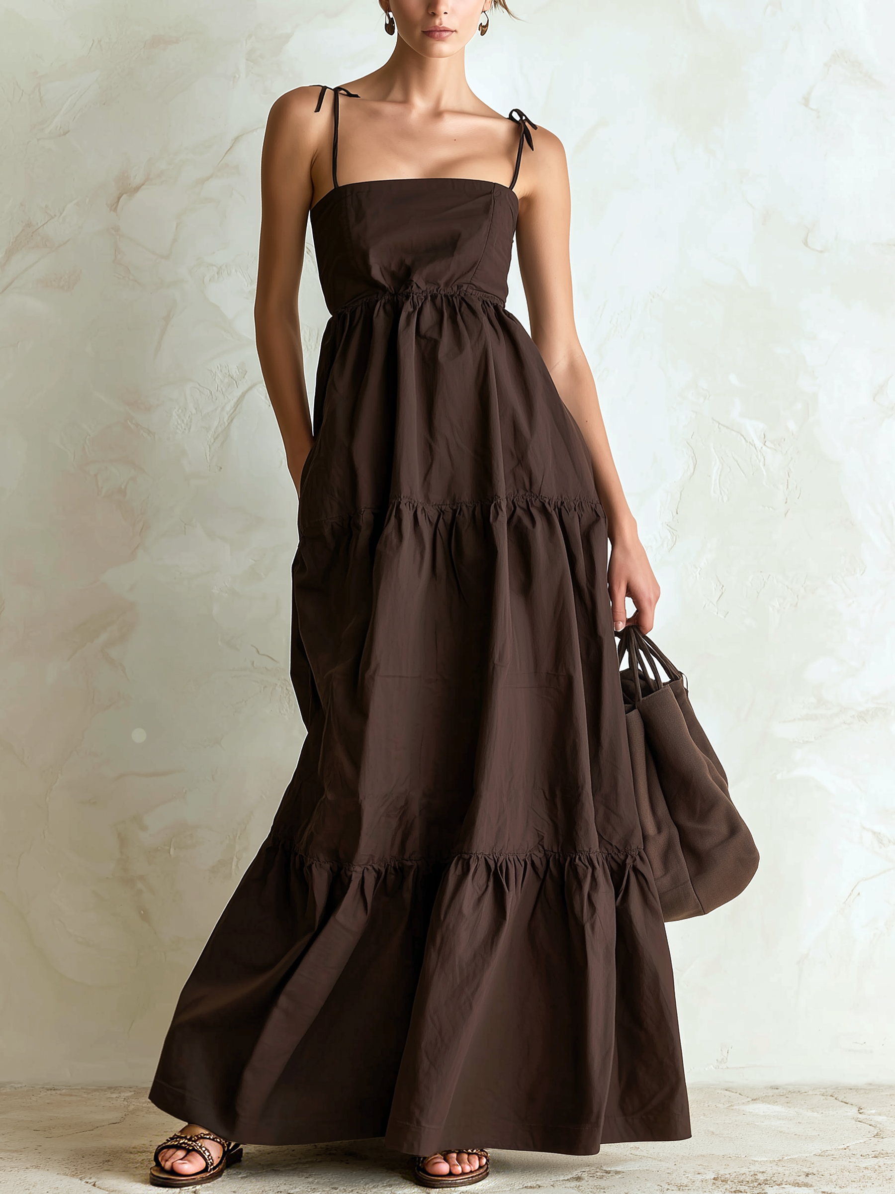 Women’s Brown Bohemian Crinkled Cotton Blend Square Neck Spaghetti Strap Regular Maxi Dress with Tiered Ruffle Skirt