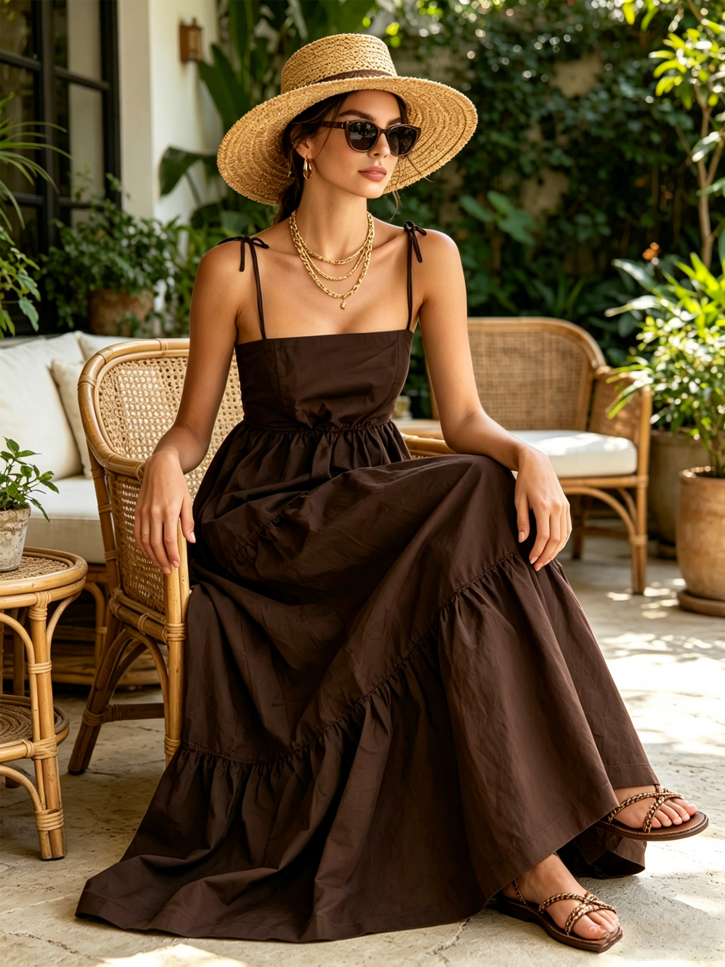 Women’s Brown Bohemian Crinkled Cotton Blend Square Neck Spaghetti Strap Regular Maxi Dress with Tiered Ruffle Skirt