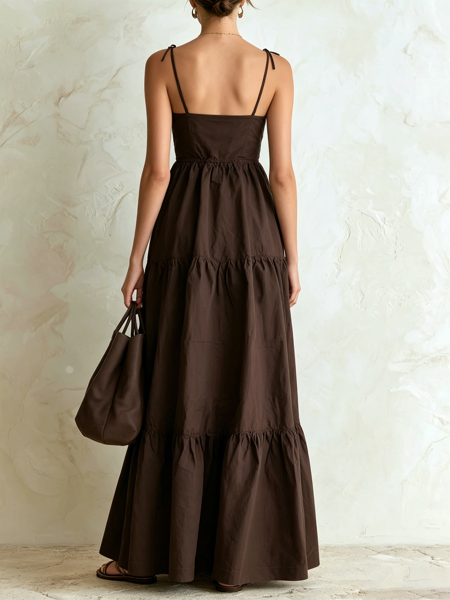 Women’s Brown Bohemian Crinkled Cotton Blend Square Neck Spaghetti Strap Regular Maxi Dress with Tiered Ruffle Skirt
