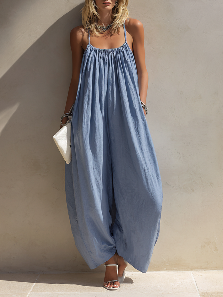 Women’s Blue Minimalist Cotton-Linen Blend Square Neck Spaghetti Strap Loose-Fit Full-Length Jumpsuit