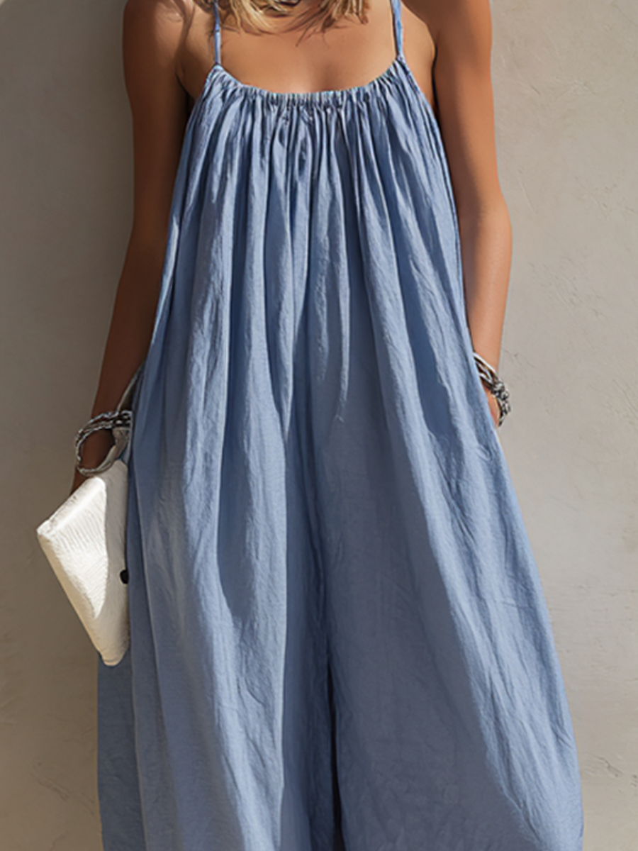 Women’s Blue Minimalist Cotton-Linen Blend Square Neck Spaghetti Strap Loose-Fit Full-Length Jumpsuit