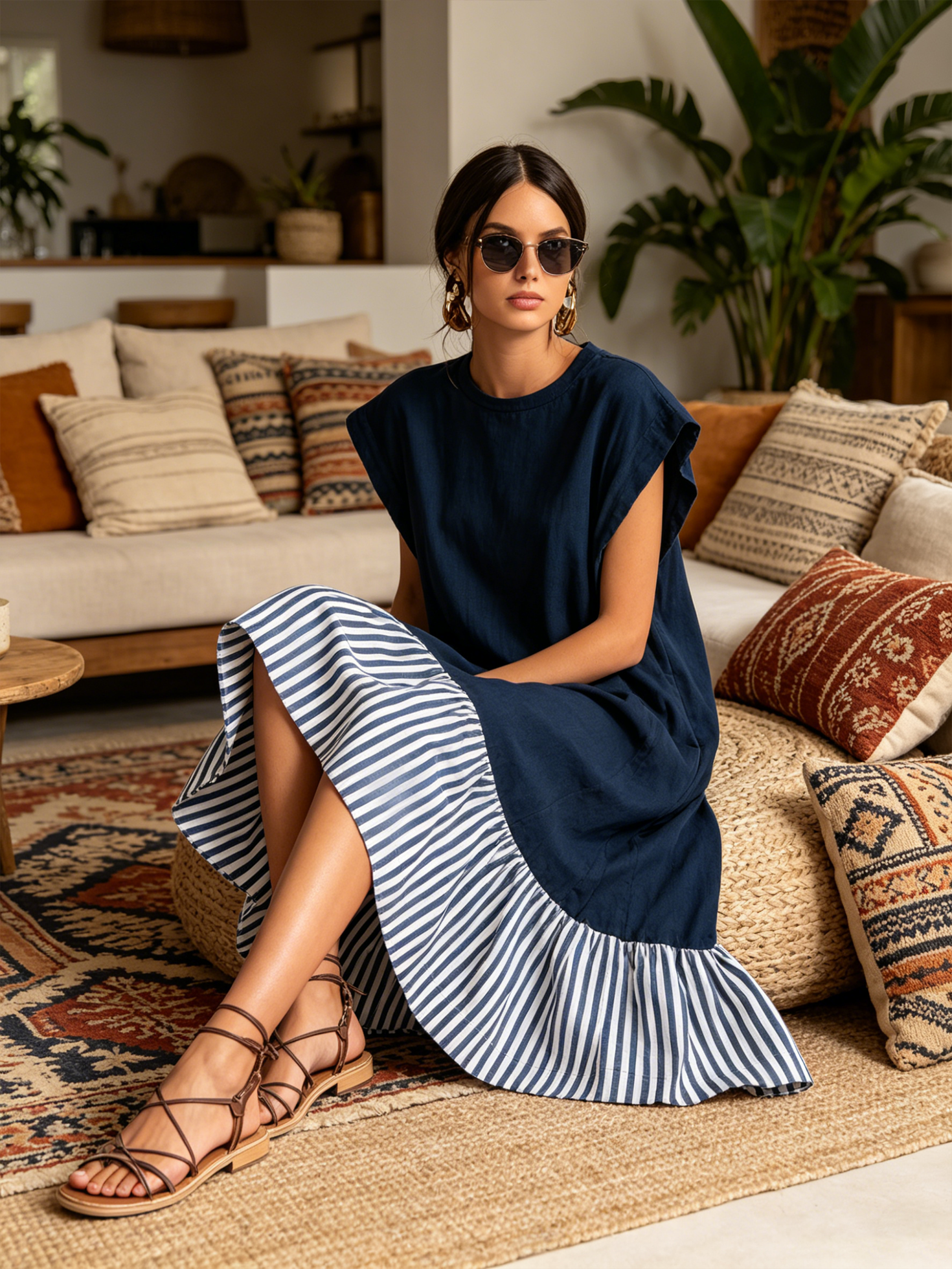 Women’s Navy Casual Washed French Terry Round Neck Cap Sleeve Loose Midi Dress with Striped Ruffle High-Low Hem