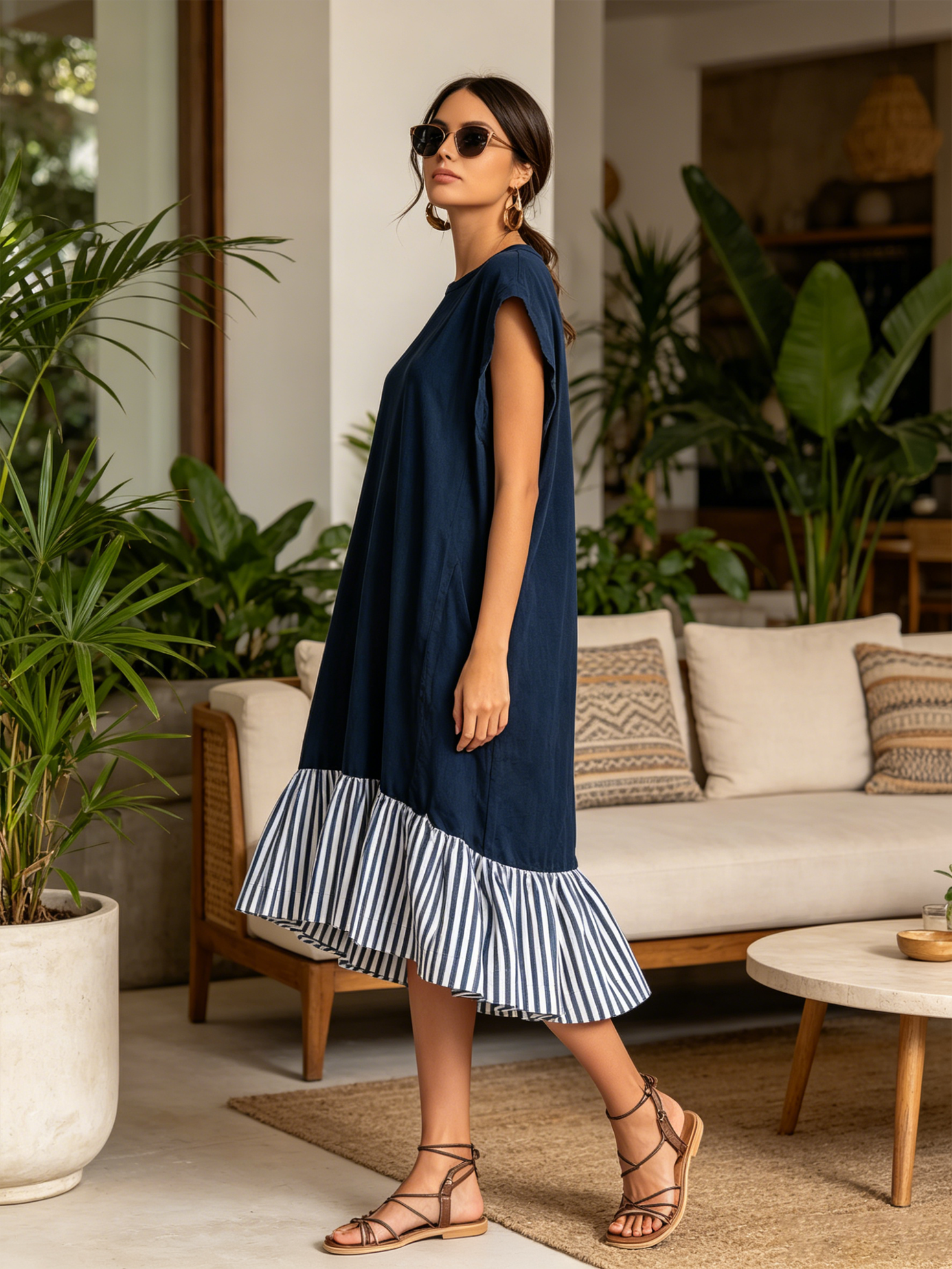 Women’s Navy Casual Washed French Terry Round Neck Cap Sleeve Loose Midi Dress with Striped Ruffle High-Low Hem