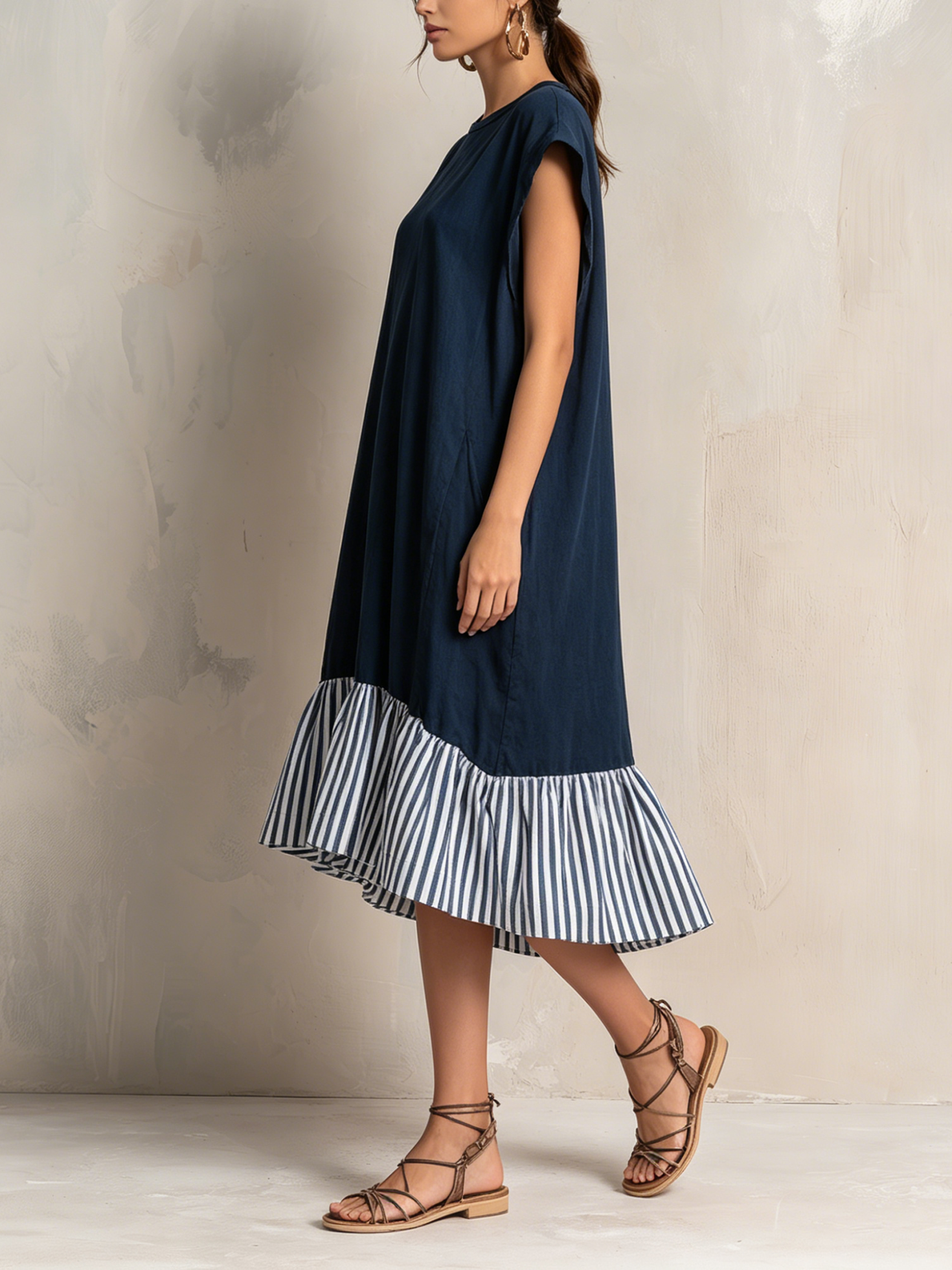 Women’s Navy Casual Washed French Terry Round Neck Cap Sleeve Loose Midi Dress with Striped Ruffle High-Low Hem
