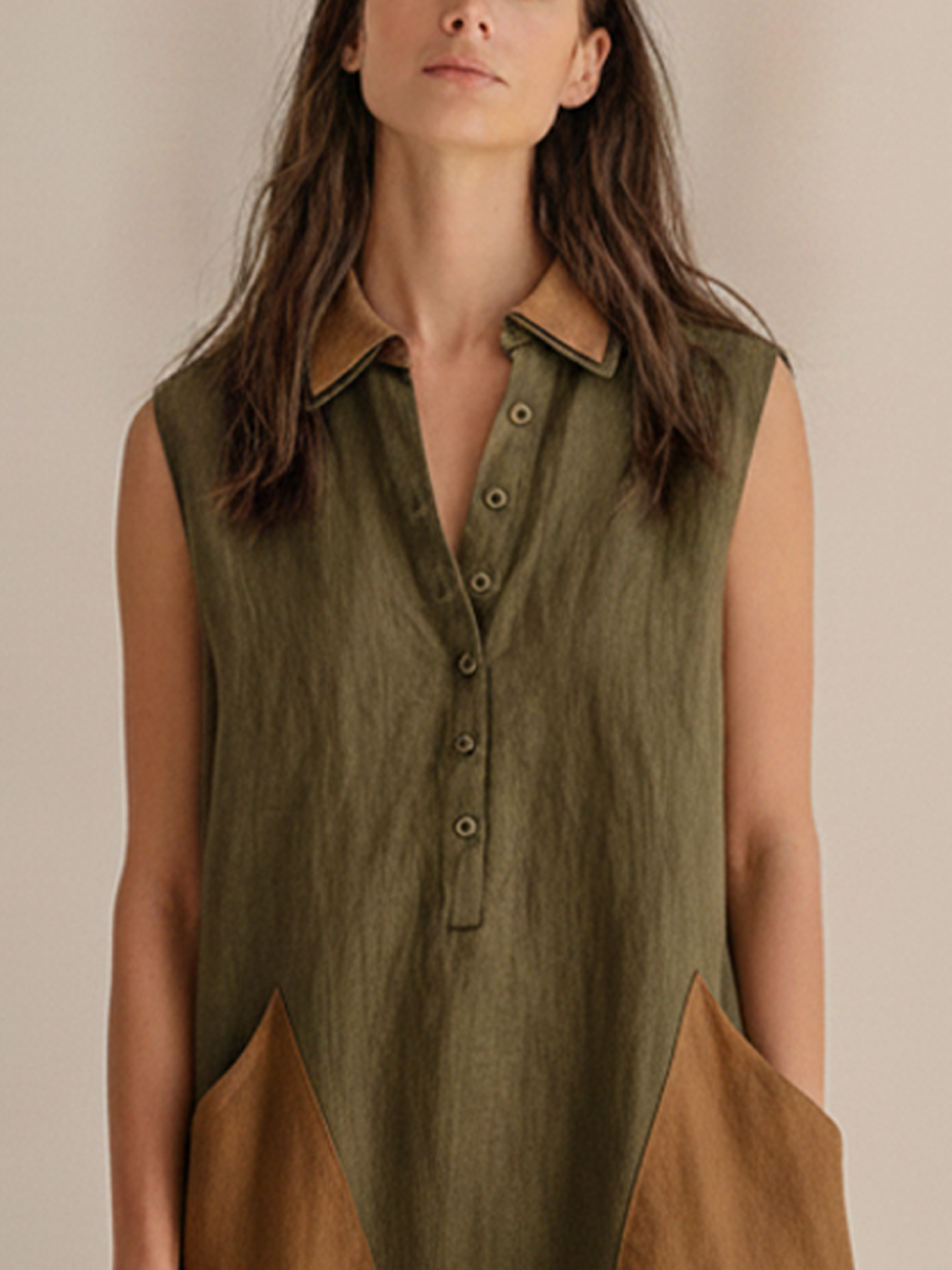 Women’s Army Green Minimalist Linen Blend Contrast Collar Sleeveless Relaxed Midi Dress with Patch Pockets