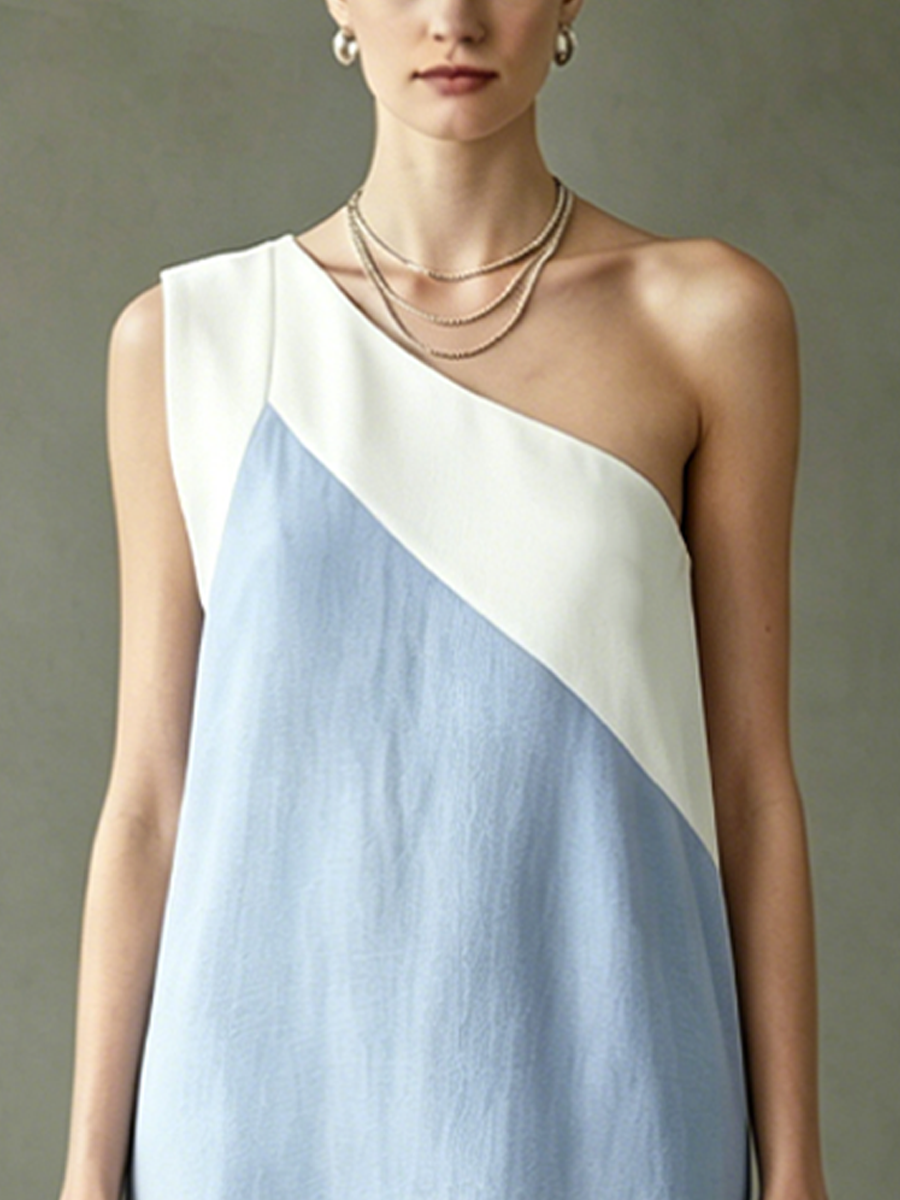 Women’s Light Blue White Commuter Cotton Blend One-Shoulder Sleeveless Relaxed Midi Dress with Flounce Hem
