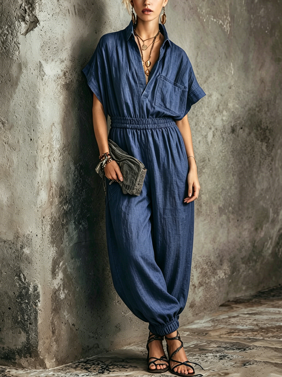 Women’s Navy Casual Linen Blend Shirt Collar Short Sleeve Relaxed Full-Length Jumpsuit