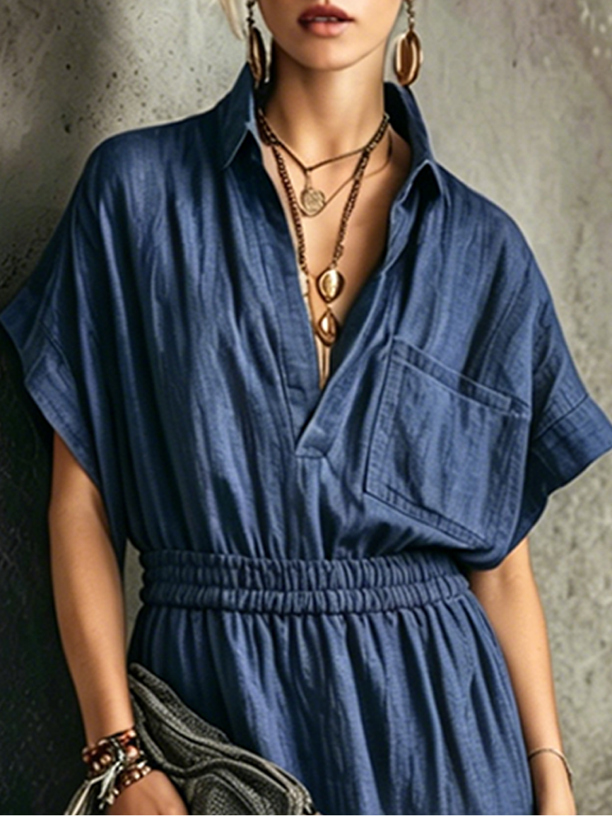Women’s Navy Casual Linen Blend Shirt Collar Short Sleeve Relaxed Full-Length Jumpsuit