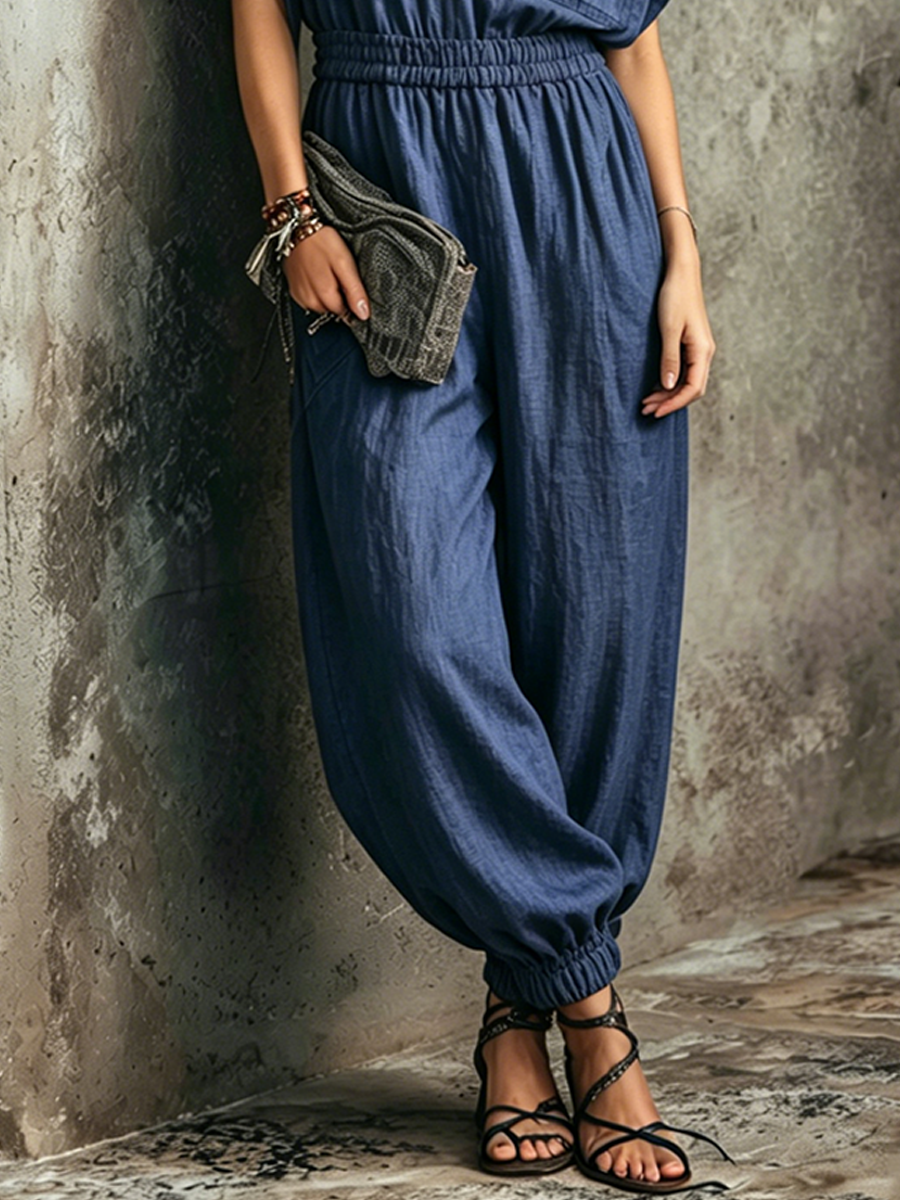 Women’s Navy Casual Linen Blend Shirt Collar Short Sleeve Relaxed Full-Length Jumpsuit