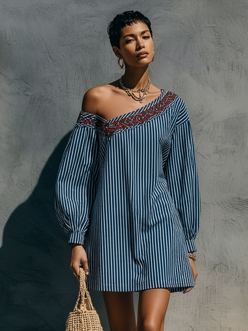 Women’s Navy Minimalist Striped Comfortable-Blend One-Shoulder Long Sleeve Regular Mini Daily Dress