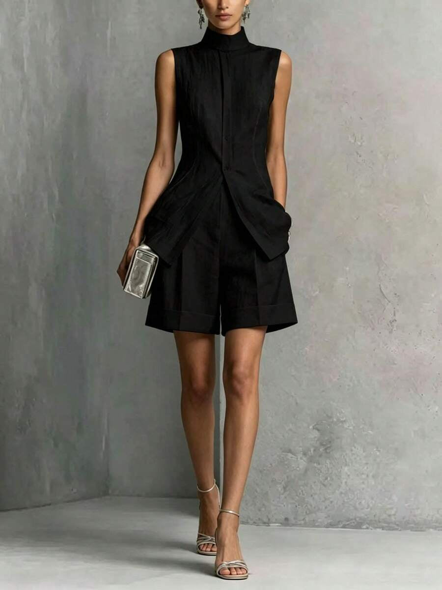 Women’s Multi-Color Minimalist Linen-Blend High-Neck Sleeveless Regular Shirt and Shorts Set