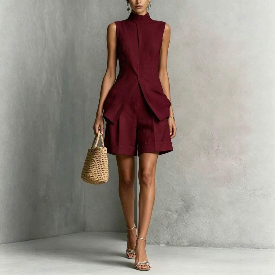 Women’s Multi-Color Minimalist Linen-Blend High-Neck Sleeveless Regular Shirt and Shorts Set