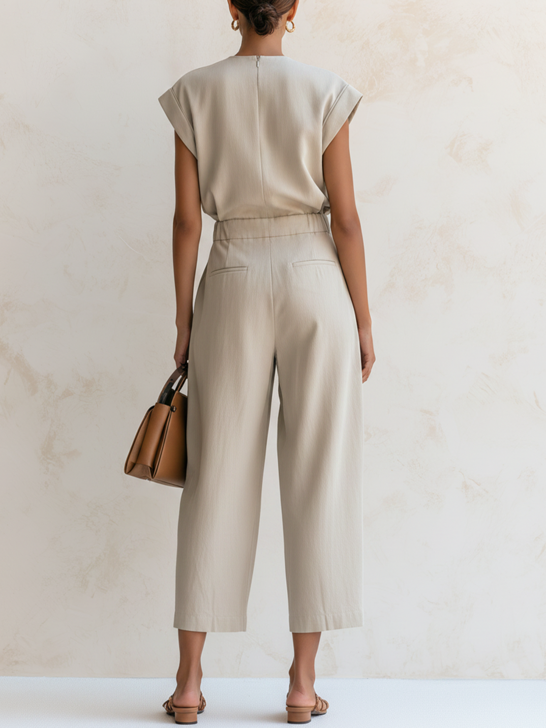 Women’s Beige Minimal Utility Textured Cotton-Blend Round Neck Roll Cap Sleeve Cargo Pocket Elastic Waist Pleated Cropped Wide Leg Jumpsuit
