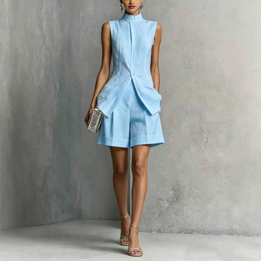 Women’s Multi-Color Minimalist Linen-Blend High-Neck Sleeveless Regular Shirt and Shorts Set