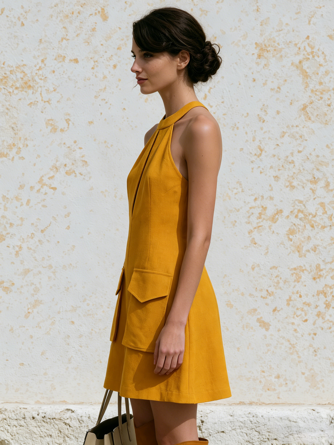 Women’s Mustard Yellow Utility Textured Linen-Blend Halter Keyhole Cutout Sleeveless Cargo Pocket A-Line Mini Dress