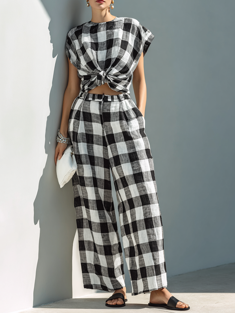 Women’s Black White Casual Linen Blend Round Neck Short Sleeve Relaxed Full-Length Pants Set with Knot-Front Top