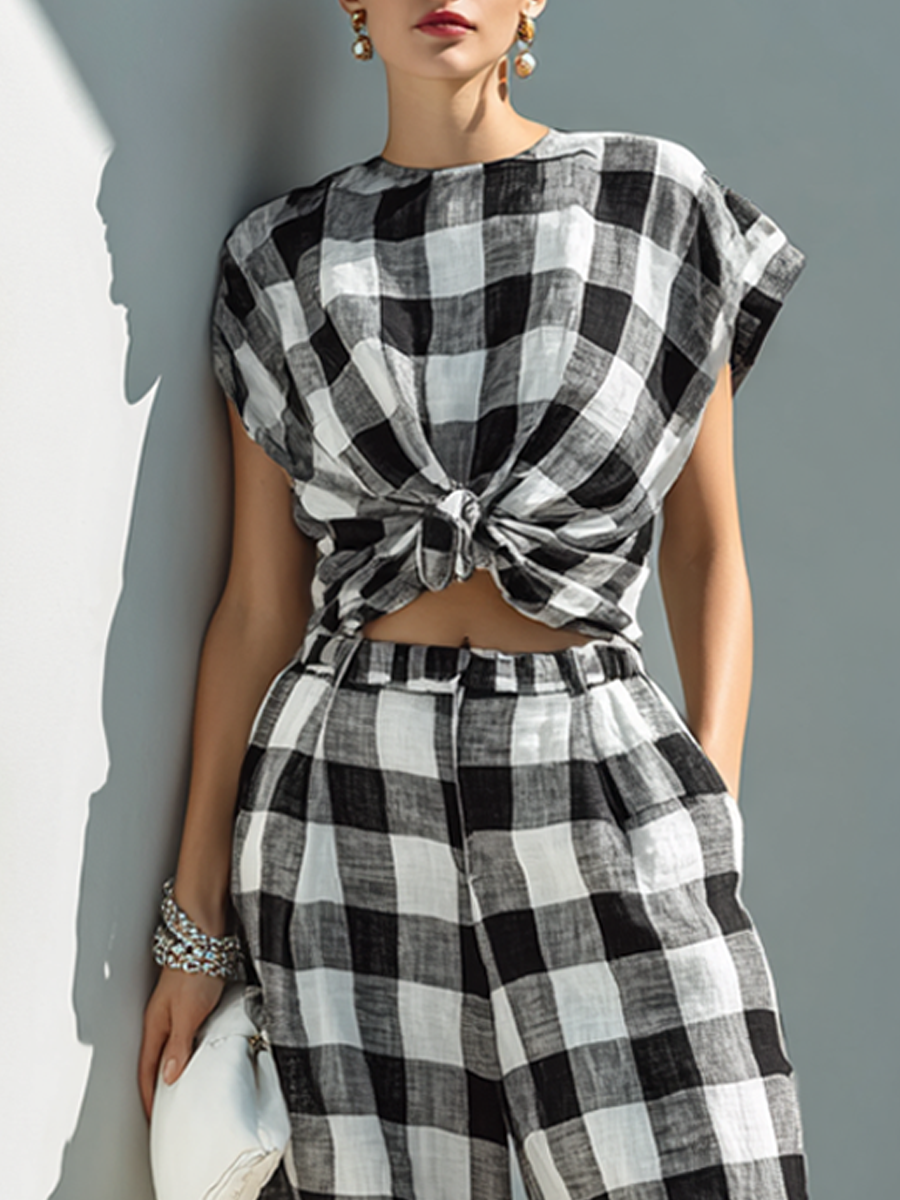 Women’s Black White Casual Linen Blend Round Neck Short Sleeve Relaxed Full-Length Pants Set with Knot-Front Top