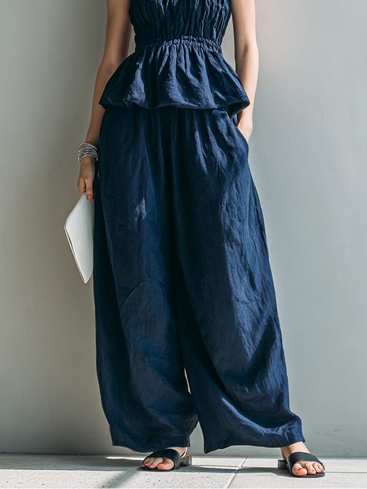 Women’s Navy Casual Linen Strapless Sleeveless Relaxed Full-Length Pants Set with Ruffle Top