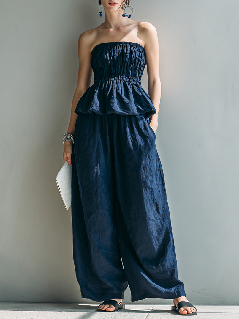Women’s Navy Casual Linen Strapless Sleeveless Relaxed Full-Length Pants Set with Ruffle Top
