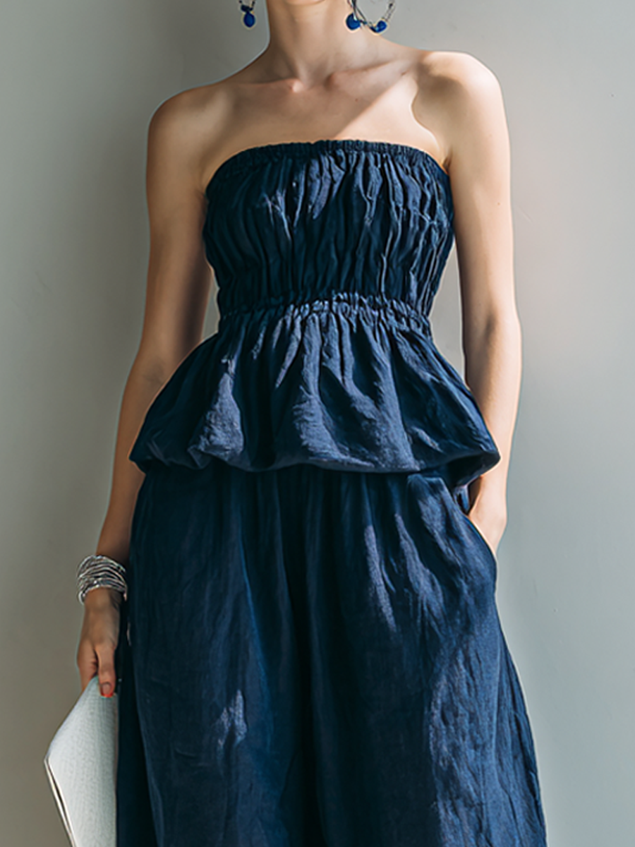 Women’s Navy Casual Linen Strapless Sleeveless Relaxed Full-Length Pants Set with Ruffle Top