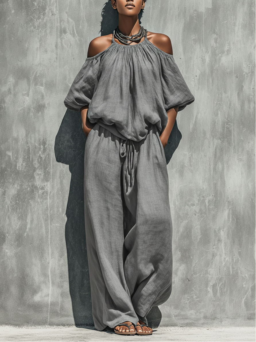 Women’s Gray Casual Linen Blend Off-Shoulder Puff Sleeve Relaxed Full-Length Pants Set with Drawstring Waist