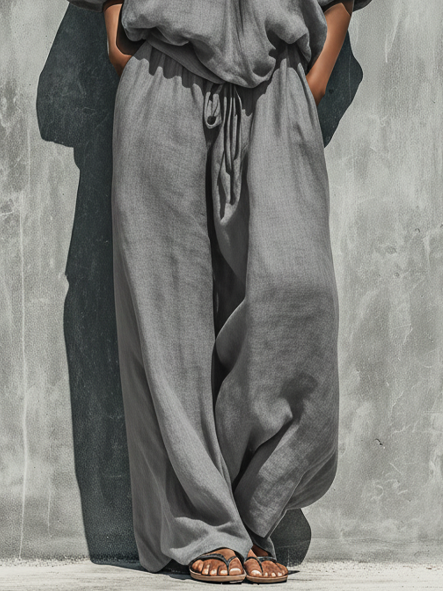 Women’s Gray Casual Linen Blend Off-Shoulder Puff Sleeve Relaxed Full-Length Pants Set with Drawstring Waist