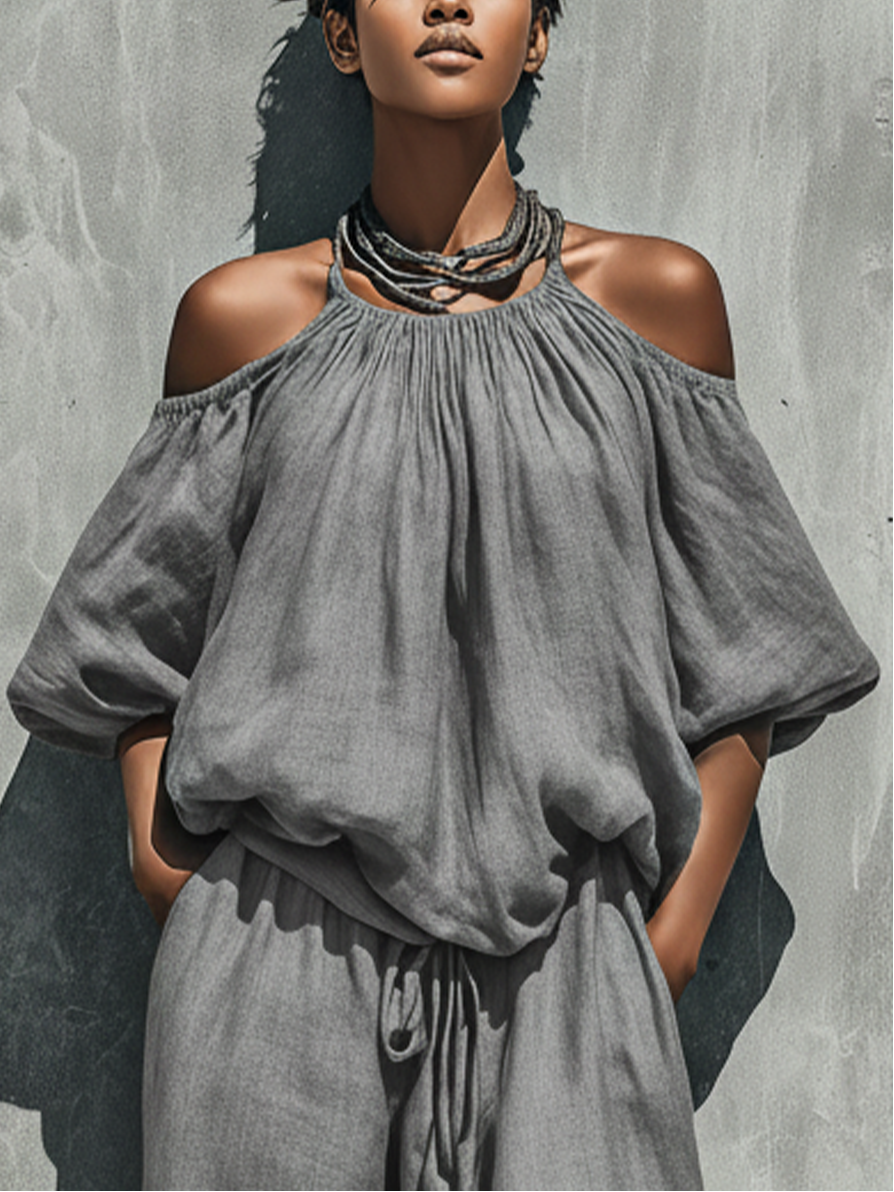 Women’s Gray Casual Linen Blend Off-Shoulder Puff Sleeve Relaxed Full-Length Pants Set with Drawstring Waist