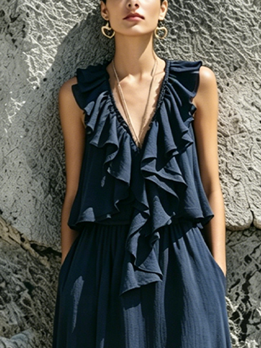 Women’s Navy Blue Elegant Cotton Blend V-Neck Sleeveless Relaxed Midi Dress with Ruffle Detail