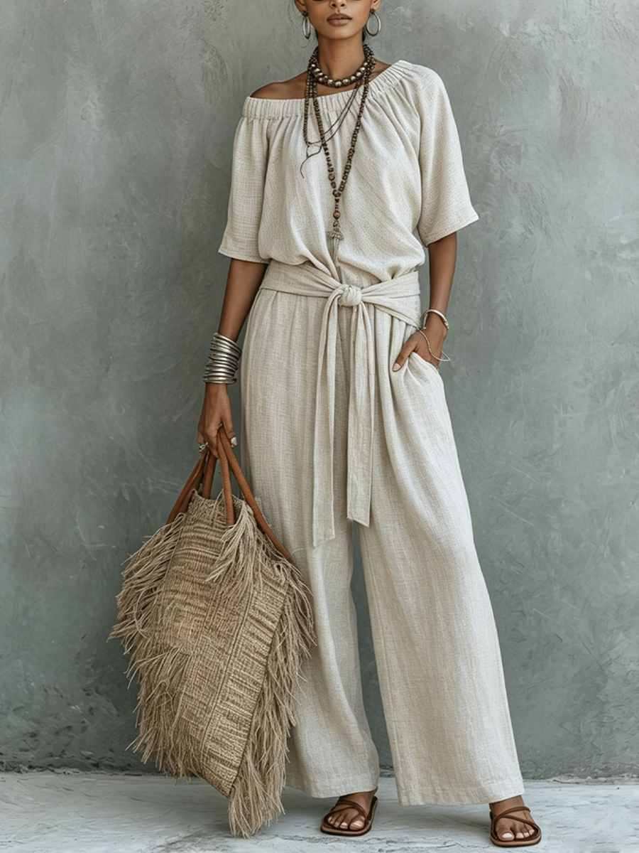 Women’s Beige Casual Cotton-Linen Off-Shoulder Short Sleeve Loose Full-Length Jumpsuit with Tie Waist