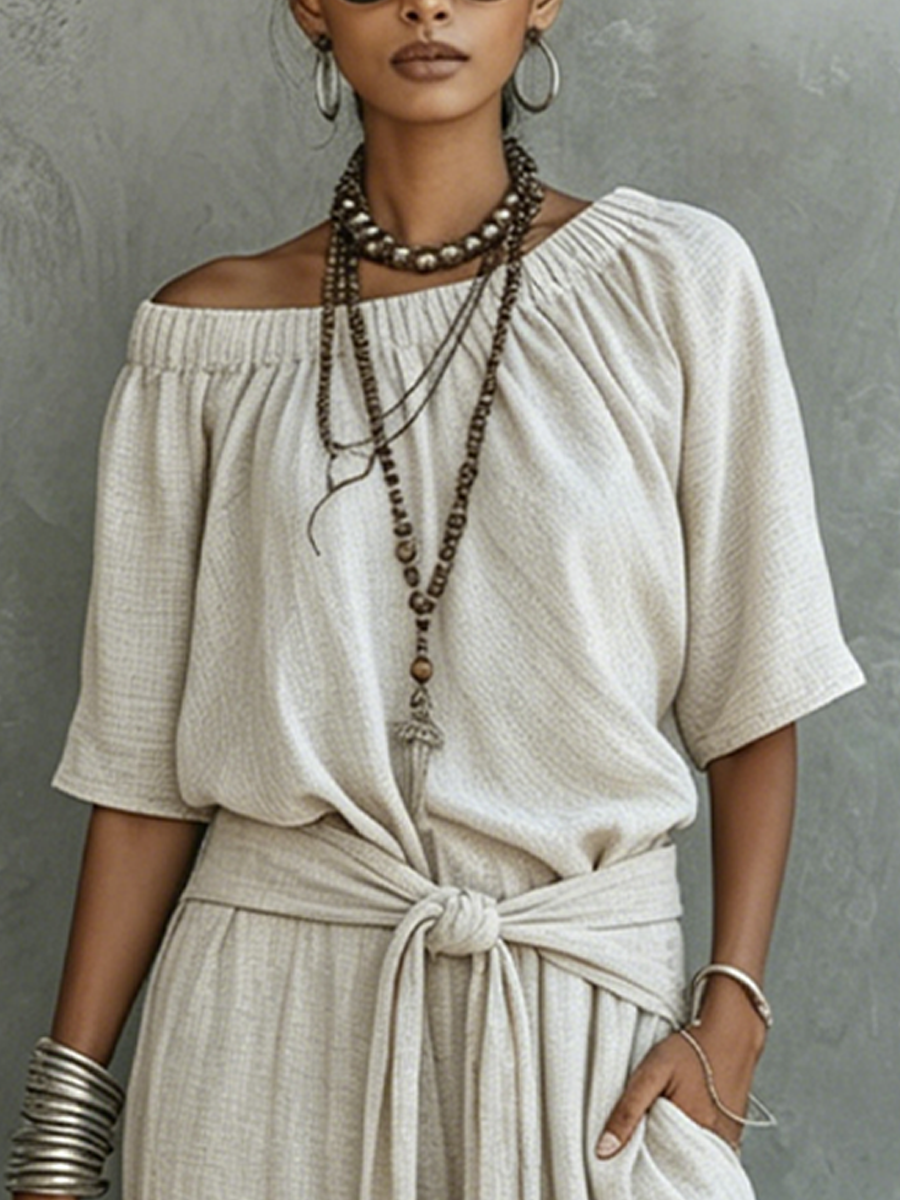 Women’s Beige Casual Cotton-Linen Off-Shoulder Short Sleeve Loose Full-Length Jumpsuit with Tie Waist