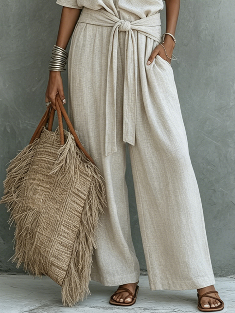 Women’s Beige Casual Cotton-Linen Off-Shoulder Short Sleeve Loose Full-Length Jumpsuit with Tie Waist